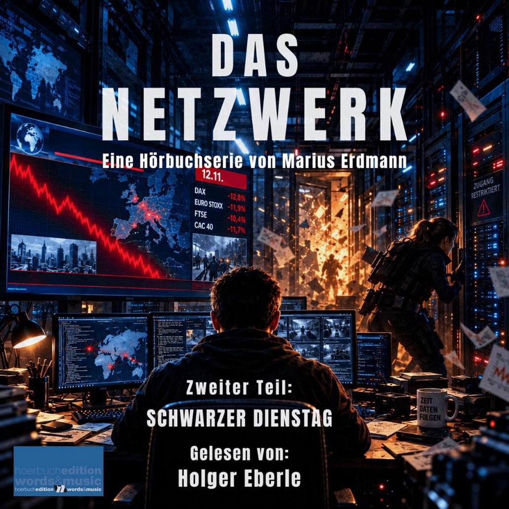 Cover: DAS NETZWERK – Eine Hörbuchserie von Marius Erdmann, Zweiter Teil: Schwarzer Dienstag, gelesen von Holger Eberle